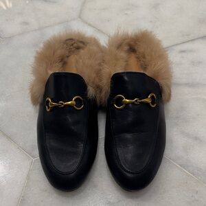 Black Mule with Fur Trim and Gold Detail